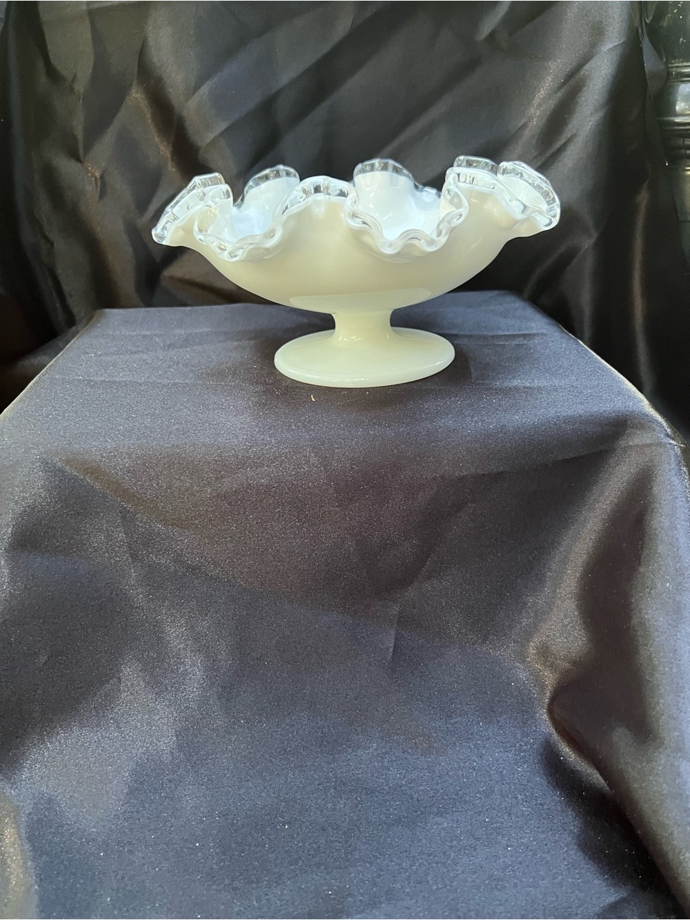 vintage Fenton Silver Crest compote  ruffled edge and a milk glass body.